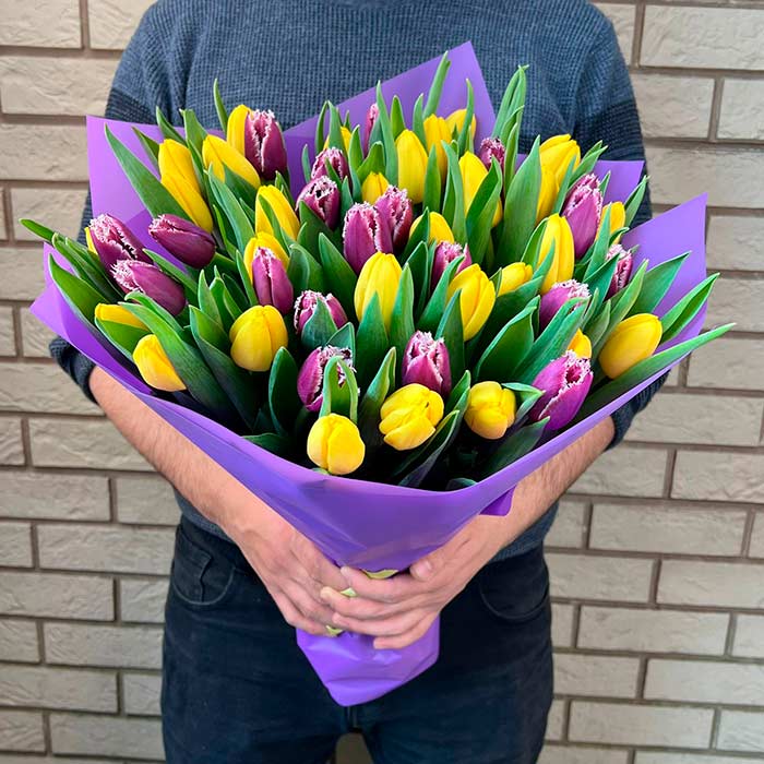 Фиолетовые и желтые тюльпаны микс