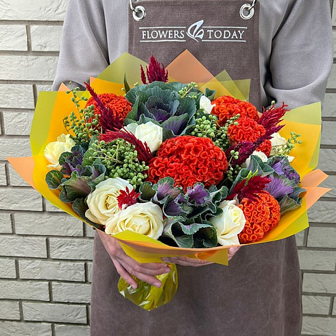 Розы,  целозия, декоративная капуста