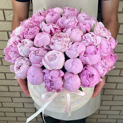 Розовые пионы в коробке