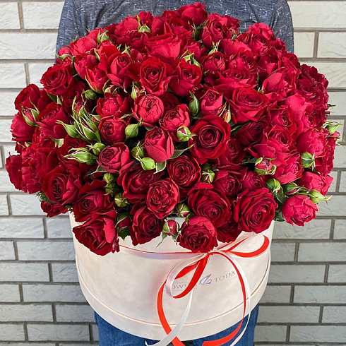 Красные кустовые розы в коробке