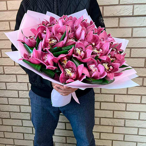 Розовые орхидеи с зеленью