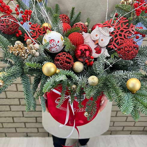 Живая ель, игрушки, илекс в красной коробке