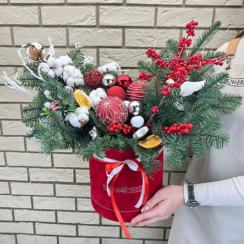 Живая ель, игрушки, илекс в коробке