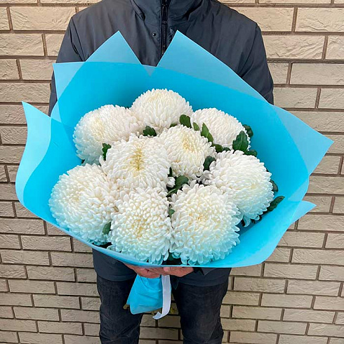 9 белых крупных хризантем