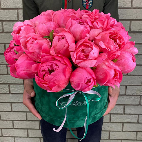Коралловые пионы в зелёной коробке