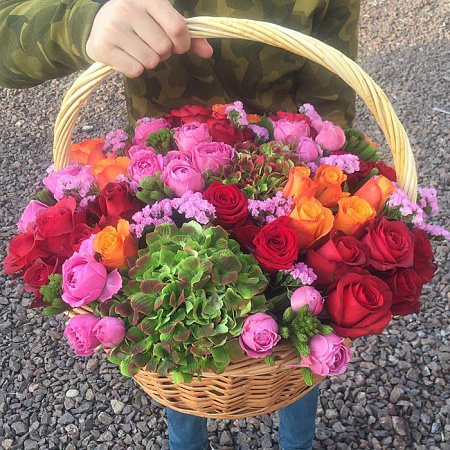 Корзина роз с гортензией