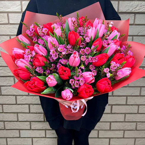 Тюльпаны красные и розовые микс и хамелауциум