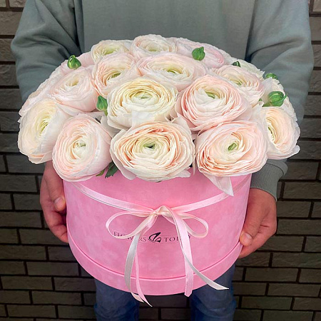 29 ранункулюсов в розовой коробке
