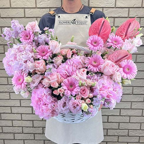 Гортензии, антуриумы и герберы в корзине