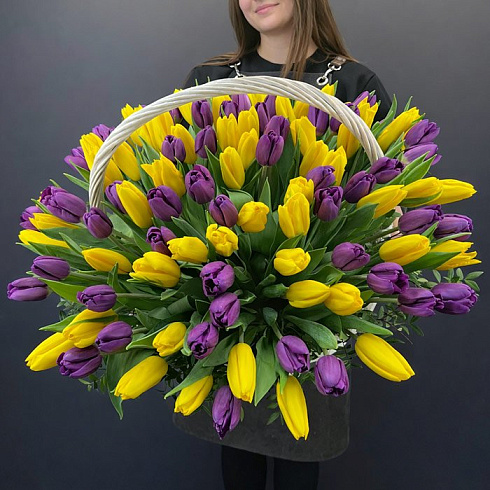 Желтые и фиолетовые тюльпаны в корзине