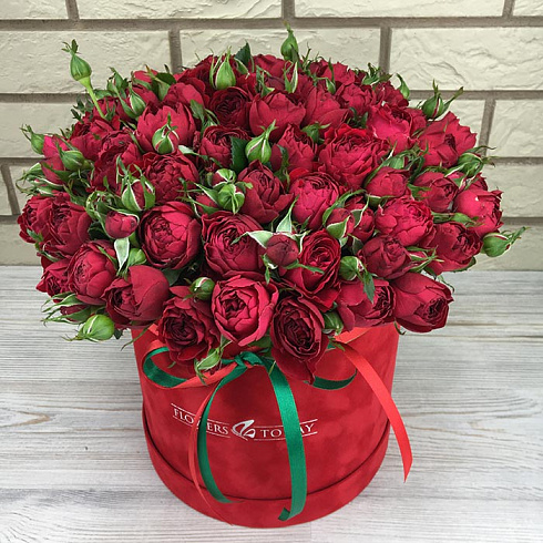 Кустовые красные розы в коробке