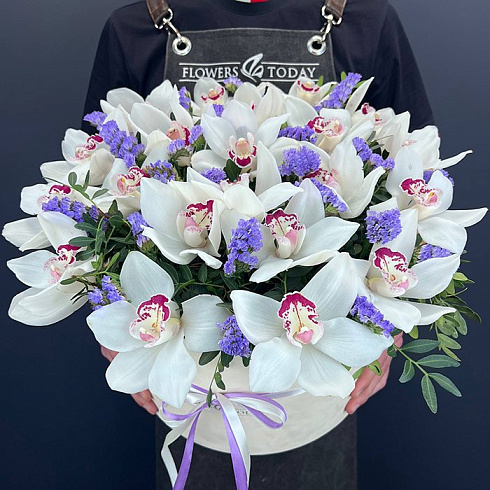 Орхидеи, статица и зелень в коробке